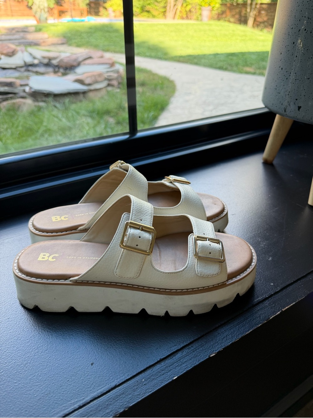 BC Footwear Cream Double-Buckle Platform Slide Sandals